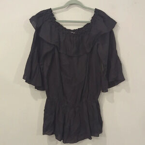 Carmen Sol Linen Top Black size Large Boho Flowy Ruffle Italy